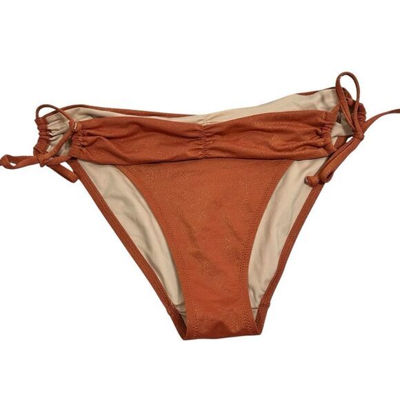 NWT VICTORIA’S SECRET GOLD SHIMMER BRONZE SIDE TIE BIKINI BOTTOM SWIMSUIT MEDIUM - Picture 1 of 5